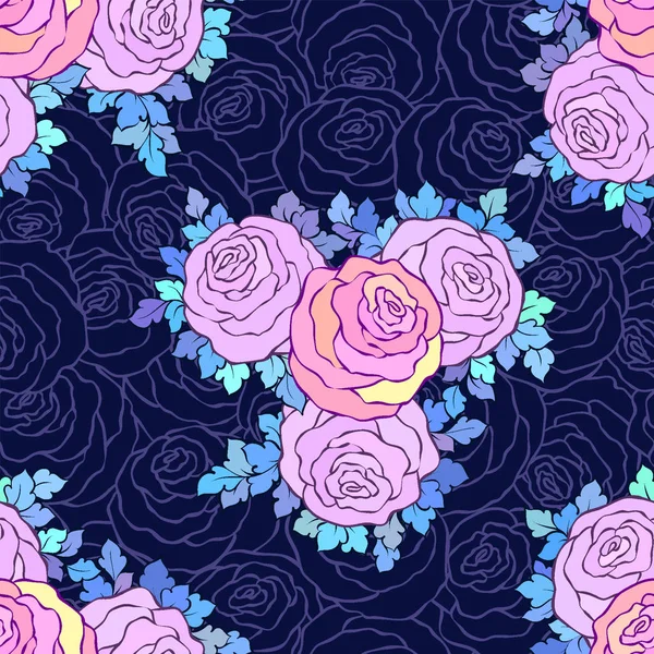 Floral decorativo brilhante papel de parede com rosas bonitos, padrão sem costura em cores lilás no fundo azul —  Vetores de Stock