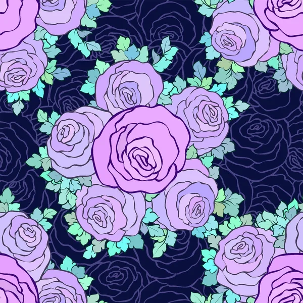 Floral decorativo brilhante papel de parede com rosas bonitos, padrão sem costura em cores lilás no fundo azul — Vetor de Stock