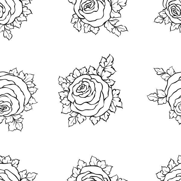 Цветочные декоративные черно-белый фон с милыми розами, монохромный бесшовный узор
