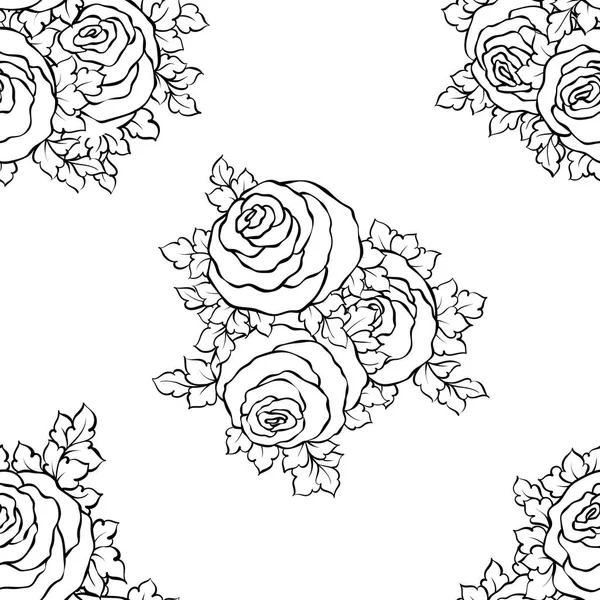 귀여운 장미, 단색 원활한 패턴 꽃 장식 검은색과 흰색 배경 — 스톡 벡터