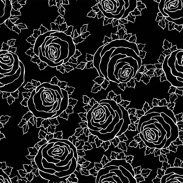 Floraler dekorativer schwarz-weißer Hintergrund mit niedlichen Rosen, monochromes nahtloses Muster — Stockvektor