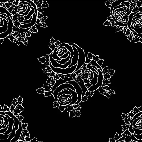 Floral decorative black and white background with cute roses, monochrome seamless pattern — Stock Vector