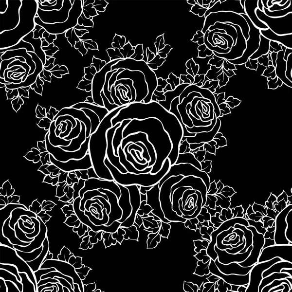 Fond floral décoratif noir et blanc avec de jolies roses, motif monochrome sans couture — Image vectorielle