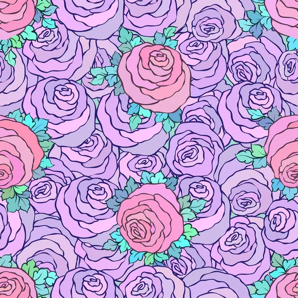 Blumenschmuck leuchtend rosa Hintergrund mit niedlichen Rosen, nahtloses Muster in lila Farben — Stockvektor