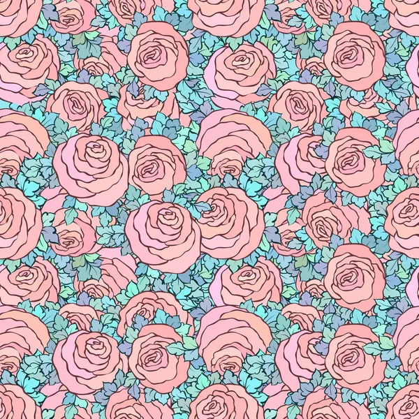 Décoratif floral fond rose vif avec de jolies roses, motif sans couture dans des couleurs rose pastel — Image vectorielle