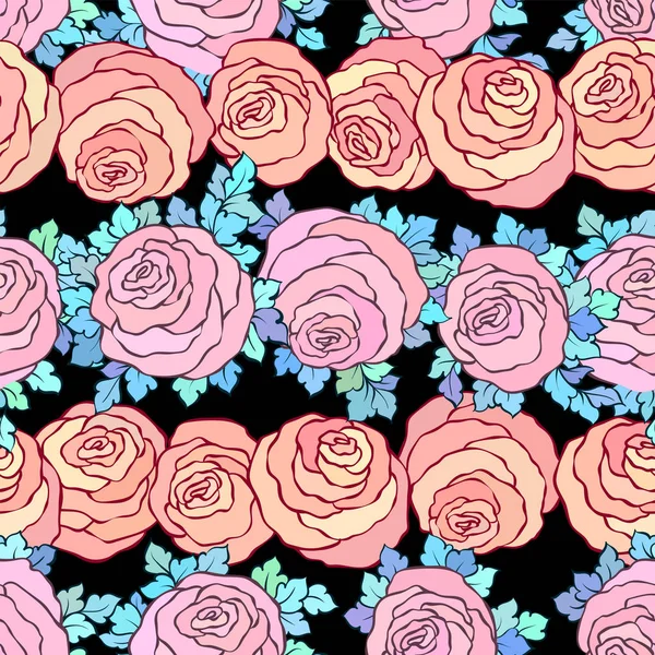 Blumenschmuck leuchtend rosa Hintergrund mit niedlichen Rosen, nahtloses Muster in pastellrosa Farben — Stockvektor