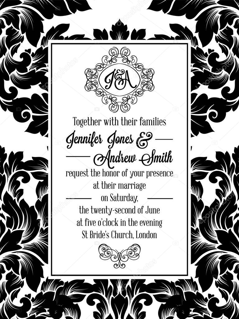 Damask victorian brocade pattern design for wedding invitation in black and white. Floral swirls royal frame and exquisite monogram