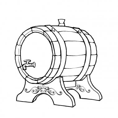 Ahşap şarap varil ile birlikte vintage tarzı musluk vektör kroki çizim. Çizilmiş t kilderkin logosu.