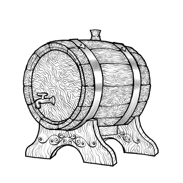 Ahşap şarap varil ile birlikte vinatge tarzı musluk vektör kroki çizim. Dokulu kilderkin çizilmiş logosu