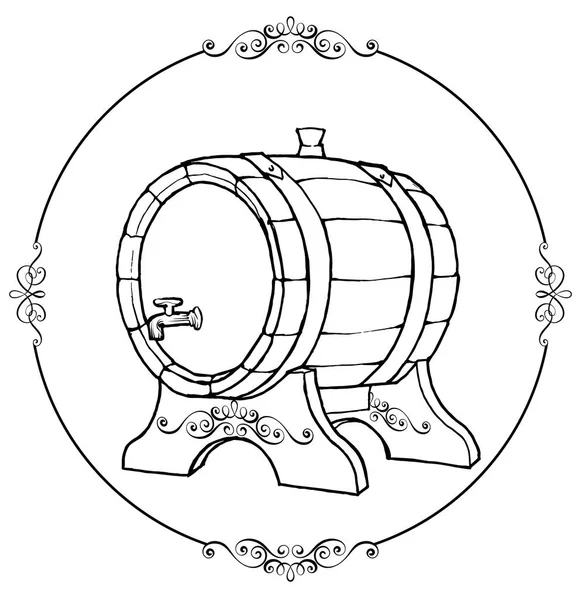 Vector Sketch Ilustración de un barril de vino de madera con el grifo en estilo vintage con soporte. Logotipo t kilderkin dibujado a mano . — Vector de stock