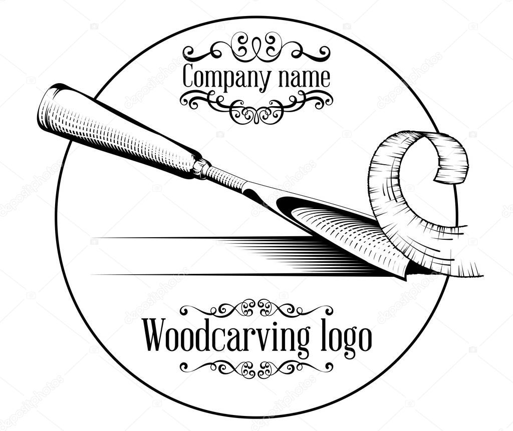 Woodcarving logotype Illustration with a chisel, cutting a wood slice, vintage style logo, black and white isolated.