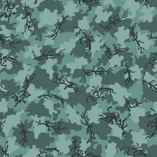 Camouflage patroon achtergrond naadloze vectorillustratie. Klassieke kledingstijl maskeren camo herhalen afdrukken. Groen bruin zwarte olijf kaki kleuren forest textuur — Stockvector
