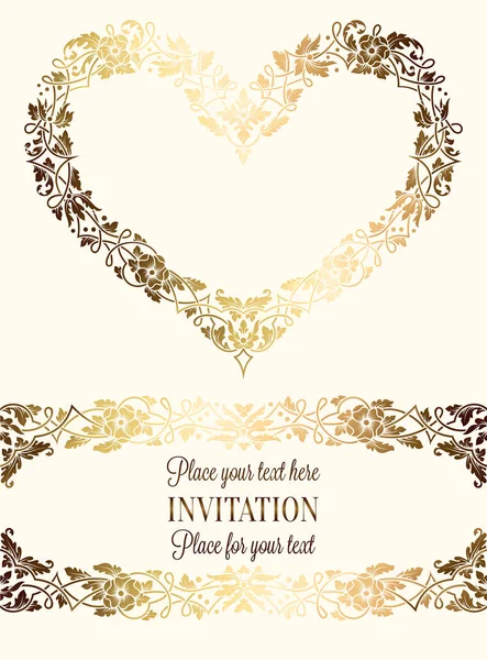 Tarjeta de invitación de boda de lujo barroco intrincado, rica decoración de oro sobre fondo beige con marco y lugar para el texto, follaje de encaje con gradiente brillante — Vector de stock