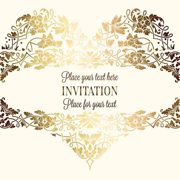 Intricate barroco cartão de convite de casamento de luxo, decoração de ouro rico em fundo bege com moldura e lugar para texto, folhagem rendada com gradiente brilhante —  Vetores de Stock