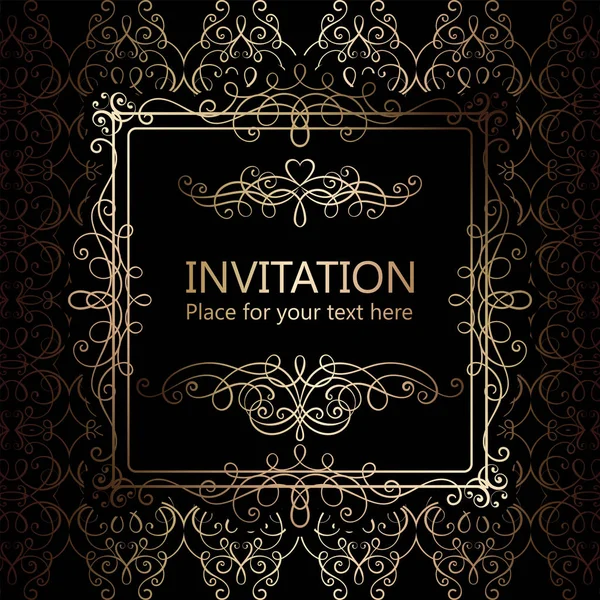 Abstract background with calligraphic luxury gold flourishes and vintage frame, victorian banner,wallpaper ornaments, invitation card, baroque style booklet, fashion pattern, template for design. — Stock Vector