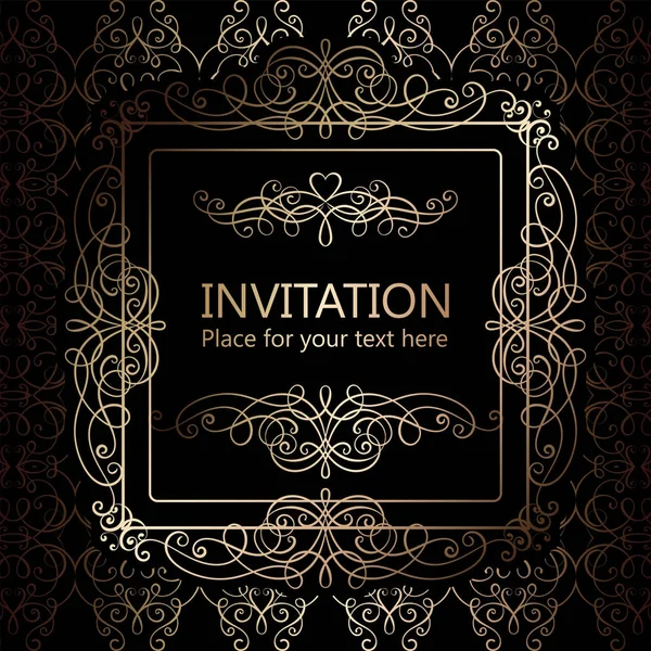 Abstract background with calligraphic luxury gold flourishes and vintage frame, victorian banner,wallpaper ornaments, invitation card, baroque style booklet, fashion pattern, template for design. — Stock Vector