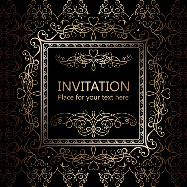 Abstract background with calligraphic luxury gold flourishes and vintage frame, victorian banner,wallpaper ornaments, invitation card, baroque style booklet, fashion pattern, template for design. — Stock Vector