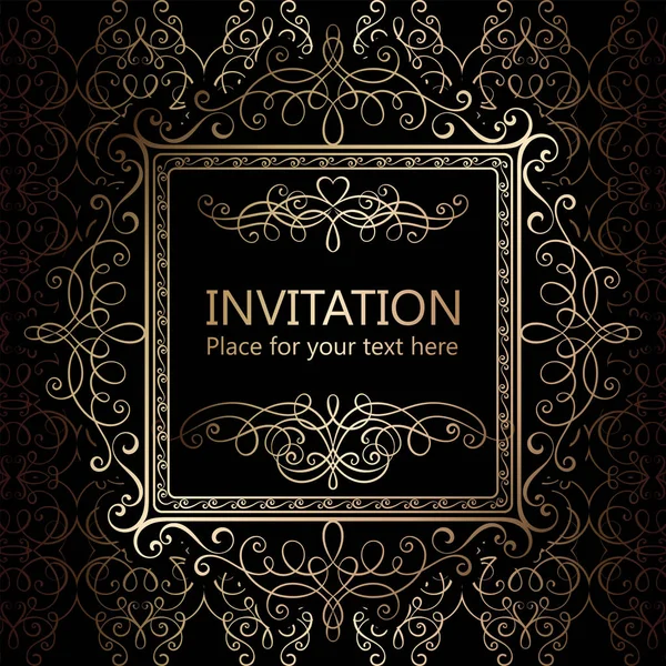 Abstract background with calligraphic luxury gold flourishes and vintage frame, victorian banner,wallpaper ornaments, invitation card, baroque style booklet, fashion pattern, template for design. — Stock Vector