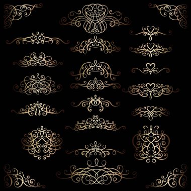 Vintage kaligrafi topluluğu geliştiği, bukleler ve dekorasyon için tebrik kartları, kitaplar veya bölücüler swirls. Dekorasyon ve tasarım için altın