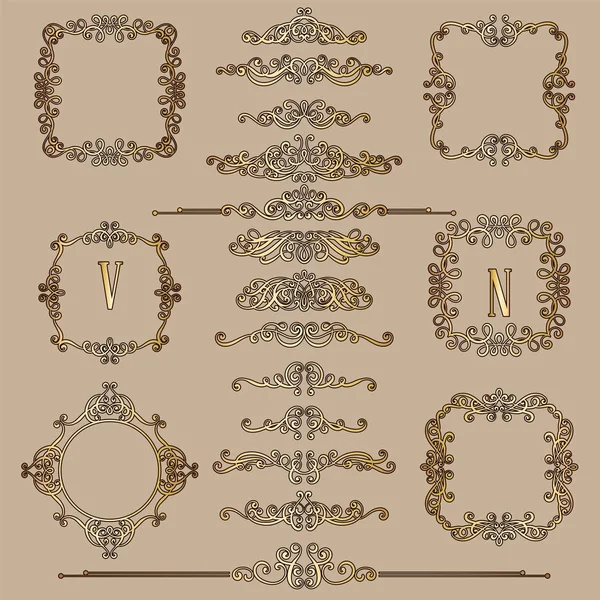 골드 빈티지의 큰 세트 붓글씨 프레임 및 flourishes, 초대 또는 인사말 카드에 대 한 복잡 하 고 정교한 장식 스타일 — 스톡 벡터