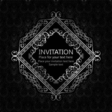 Kaligrafi lüks gümüş süsleri ve vintage çerçeve, Viktorya dönemi afiş, duvar kağıdı süsler, davetiye, Barok tarzı kitapçık, moda model, tasarım şablonu ile arka plan.