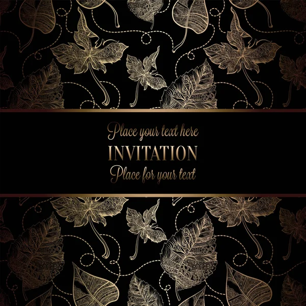 Plantilla de invitación de boda barroca vintage con fondo de damasco. Decoración de tradición para la boda. Ilustración vectorial en negro y oro — Archivo Imágenes Vectoriales