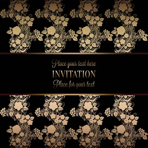 Vintage baroque Wedding Invitation template with damask background. Tradition decoration for wedding. Vector illustration in black and gold — Stock Vector