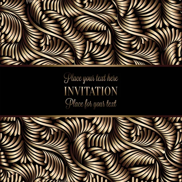 Modèle d'invitation de mariage baroque vintage avec fond damassé. Décoration de tradition pour mariage. Illustration vectorielle en noir et or — Image vectorielle