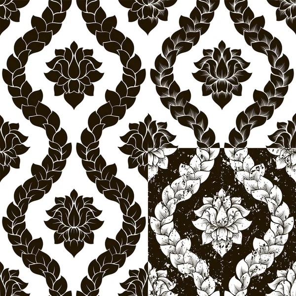 Vektorflorales nahtloses Damastmuster in vier Variationen. Schwarz-weißes monochromes Design — Stockvektor