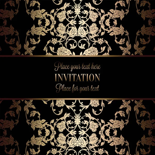 Modèle d'invitation de mariage baroque vintage avec fond damassé. Décoration de tradition pour mariage. Illustration vectorielle en noir et or — Image vectorielle