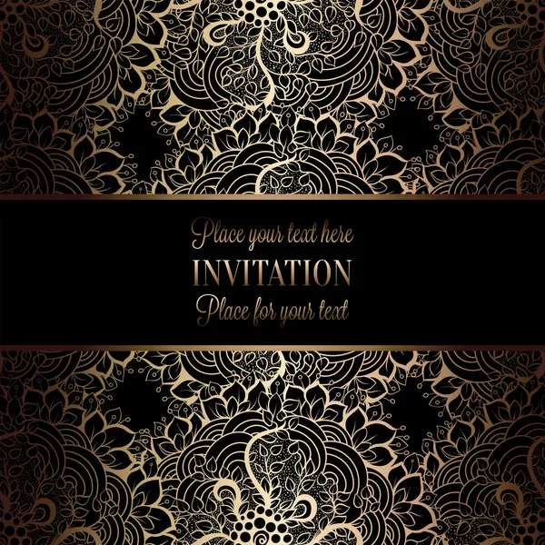 Modèle d'invitation de mariage baroque vintage avec fond damassé. Décoration de tradition pour mariage. Illustration vectorielle en noir et or — Image vectorielle