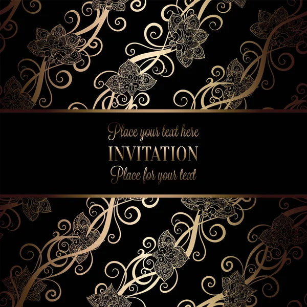 Plantilla de invitación de boda barroca vintage con fondo de damasco. Decoración de tradición para la boda. Ilustración vectorial en negro y oro — Vector de stock