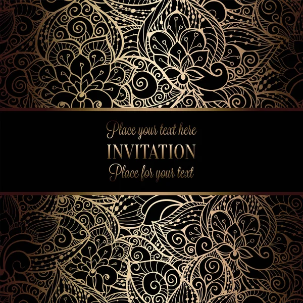 Vintage baroque Wedding Invitation template with damask background. Tradition decoration for wedding. Vector illustration in black and gold — Stock Vector