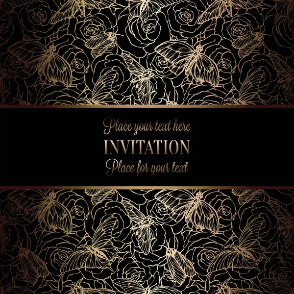 Modèle d'invitation de mariage baroque vintage avec fond damassé. Décoration de tradition pour mariage. Illustration vectorielle en noir et or — Image vectorielle