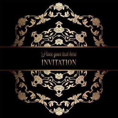 Vintage Barok düğün davetiyesi şablon damasko arka plan ile. Gelenek dekorasyon düğün için. Vektör çizim içinde siyah ve altın