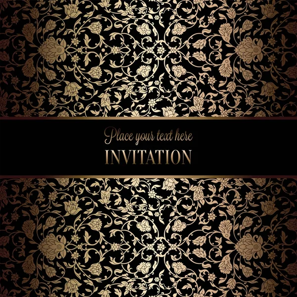 Plantilla de invitación de boda barroca vintage con fondo de damasco. Decoración de tradición para la boda. Ilustración vectorial en negro y oro — Vector de stock