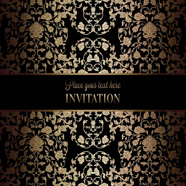 Vintage baroque Wedding Invitation template with damask background. Tradition decoration for wedding. Vector illustration in black and gold — Stock Vector