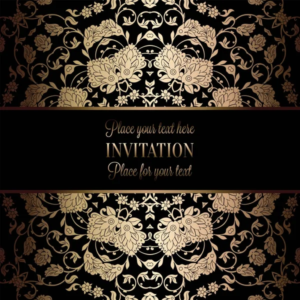 Modèle d'invitation de mariage baroque vintage avec fond damassé. Décoration de tradition pour mariage. Illustration vectorielle en noir et or — Image vectorielle