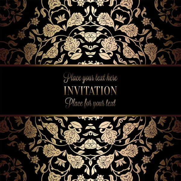 Modèle d'invitation de mariage baroque vintage avec fond damassé. Décoration de tradition pour mariage. Illustration vectorielle en noir et or — Image vectorielle