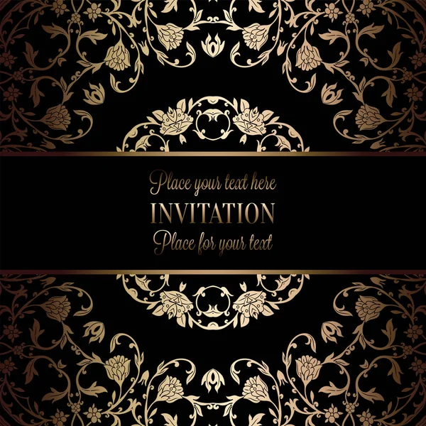 Modèle d'invitation de mariage baroque vintage avec fond damassé. Décoration de tradition pour mariage. Illustration vectorielle en noir et or — Image vectorielle