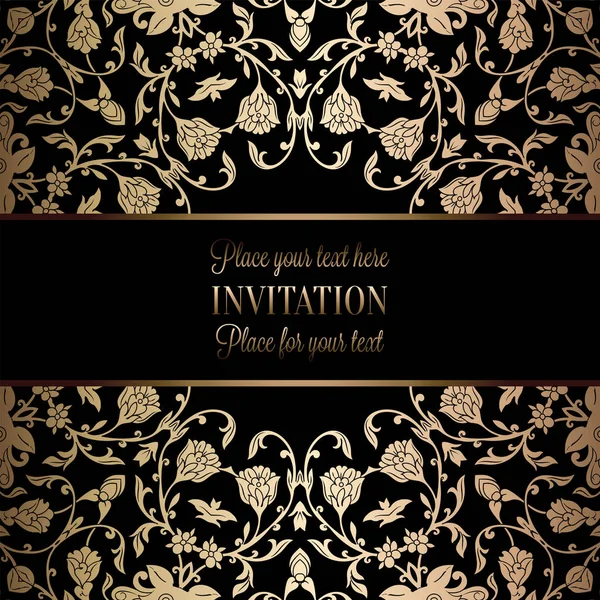 Modèle d'invitation de mariage baroque vintage avec fond damassé. Décoration de tradition pour mariage. Illustration vectorielle en noir et or — Image vectorielle