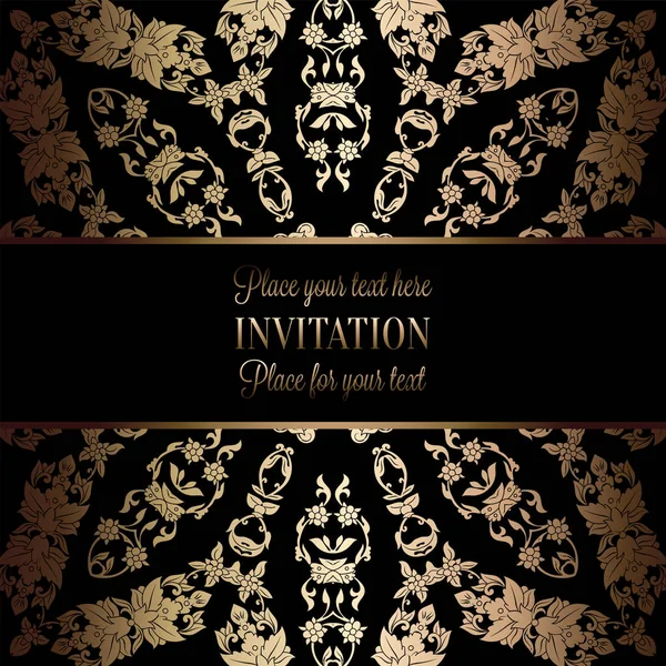 Vintage baroque Wedding Invitation template with damask background. Tradition decoration for wedding. Vector illustration in black and gold — Stock Vector