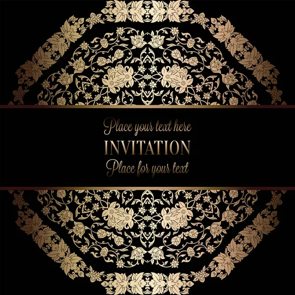 Vintage baroque Wedding Invitation template with damask background. Tradition decoration for wedding. Vector illustration in black and gold — Stock Vector