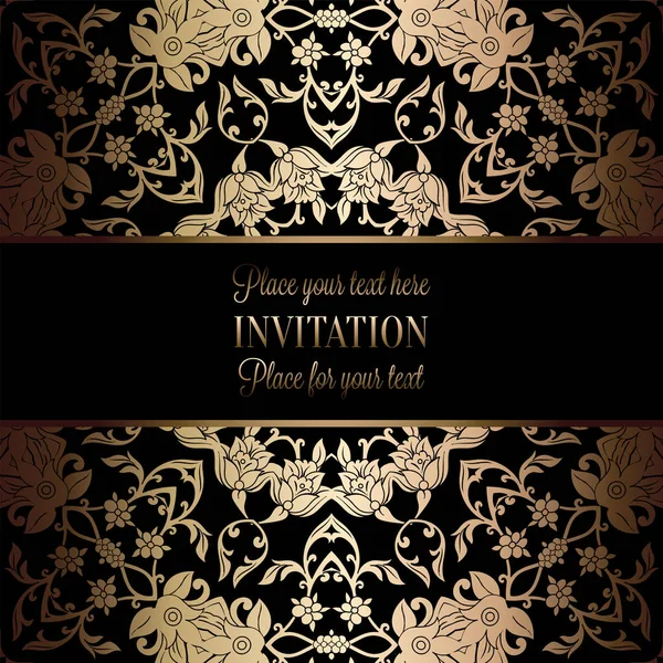 Modèle d'invitation de mariage baroque vintage avec fond damassé. Décoration de tradition pour mariage. Illustration vectorielle en noir et or — Image vectorielle