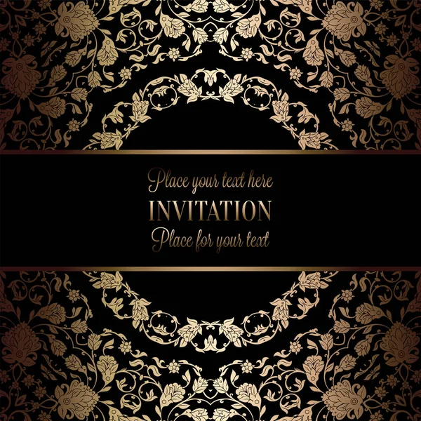 Plantilla de invitación de boda barroca vintage con fondo de damasco. Decoración de tradición para la boda. Ilustración vectorial en negro y oro — Vector de stock