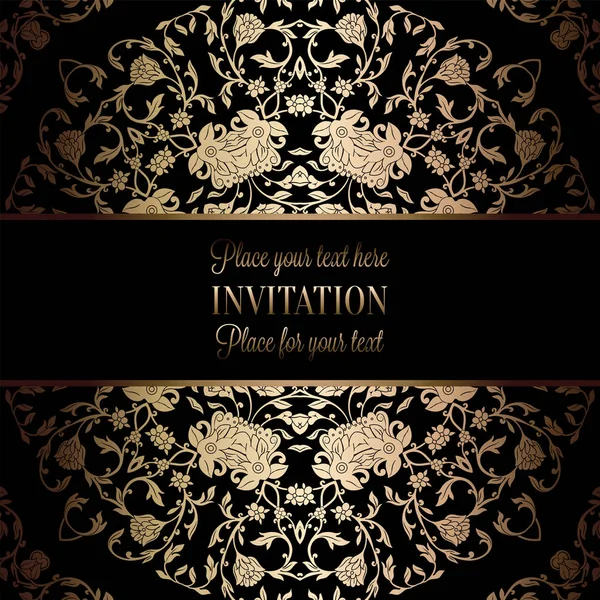 Vintage baroque Wedding Invitation template with damask background. Tradition decoration for wedding. Vector illustration in black and gold — Stock Vector