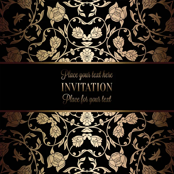 Plantilla de invitación de boda barroca vintage con fondo de damasco. Decoración de tradición para la boda. Ilustración vectorial en negro y oro — Archivo Imágenes Vectoriales