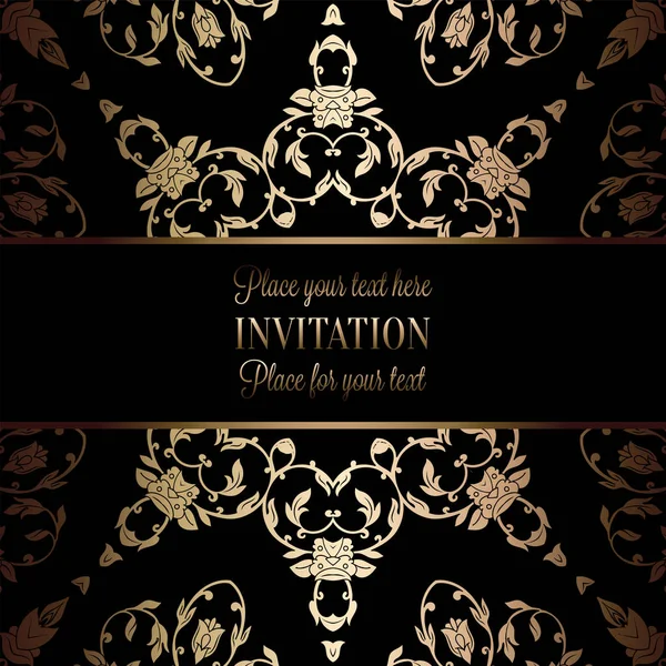 Plantilla de invitación de boda barroca vintage con fondo de damasco. Decoración de tradición para la boda. Ilustración vectorial en negro y oro — Vector de stock