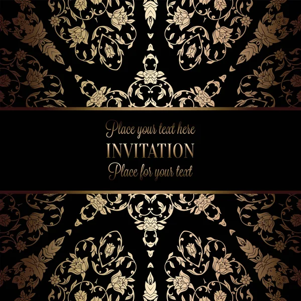 Vintage baroque Wedding Invitation template with damask background. Tradition decoration for wedding. Vector illustration in black and gold — Stock Vector