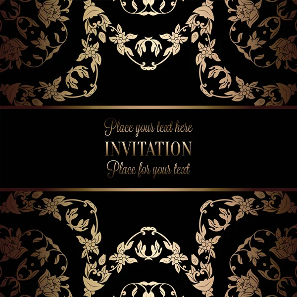 Plantilla de invitación de boda barroca vintage con fondo de damasco. Decoración de tradición para la boda. Ilustración vectorial en negro y oro — Vector de stock